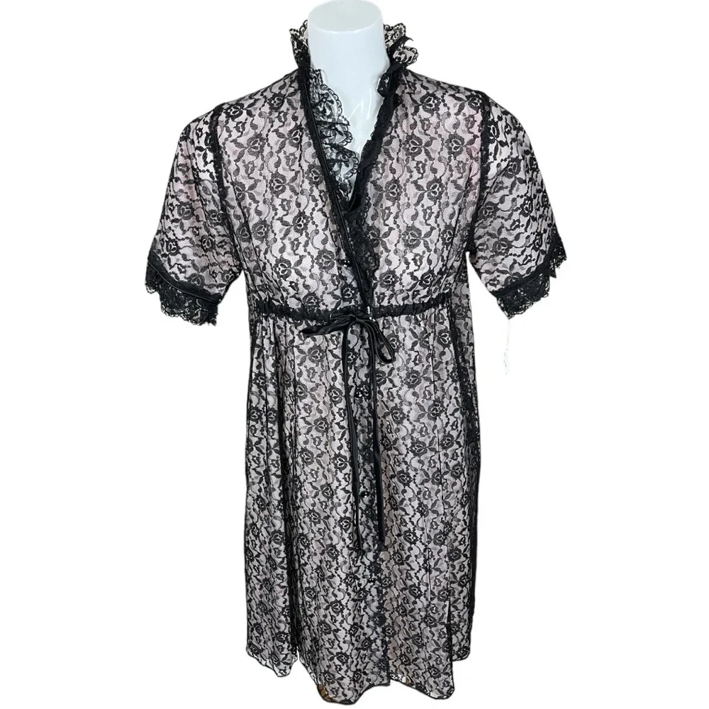 Union Made Fashions by Marilyn Pink with Black Lace Overlay Belted Robe Small